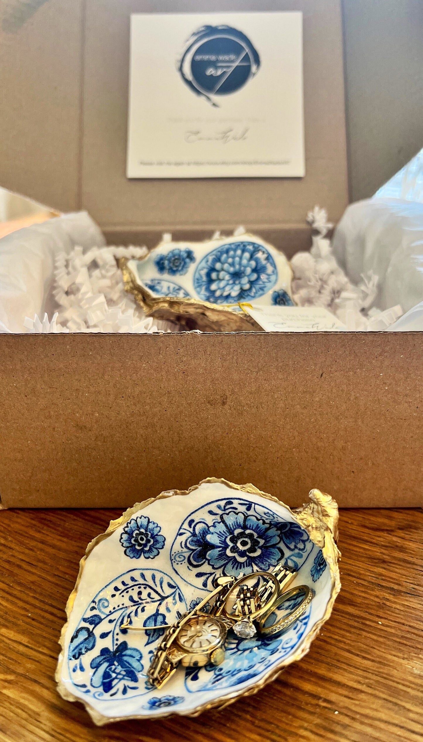 Vintage Egg Oyster Shell Trinket Dish, Blue White Jewelry Holder, Gold Leaf Coastal Decor, Decoupage Ring Dish