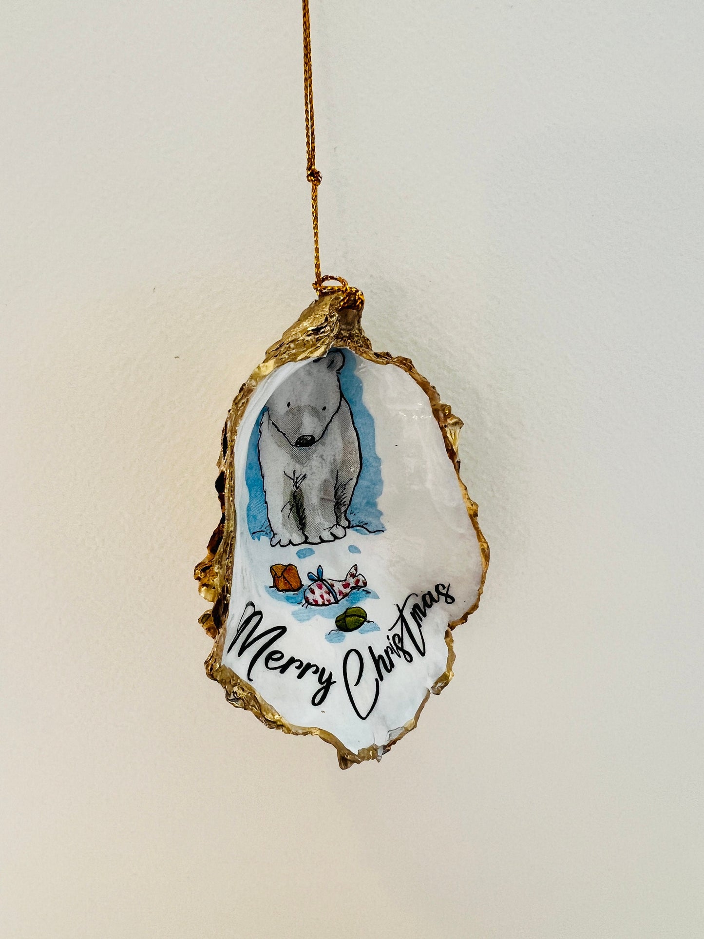 Dorset Oyster Shell Christmas Hanging Ornament: Handcrafted Bear Tree Bauble, Gilded with Gold Leaf