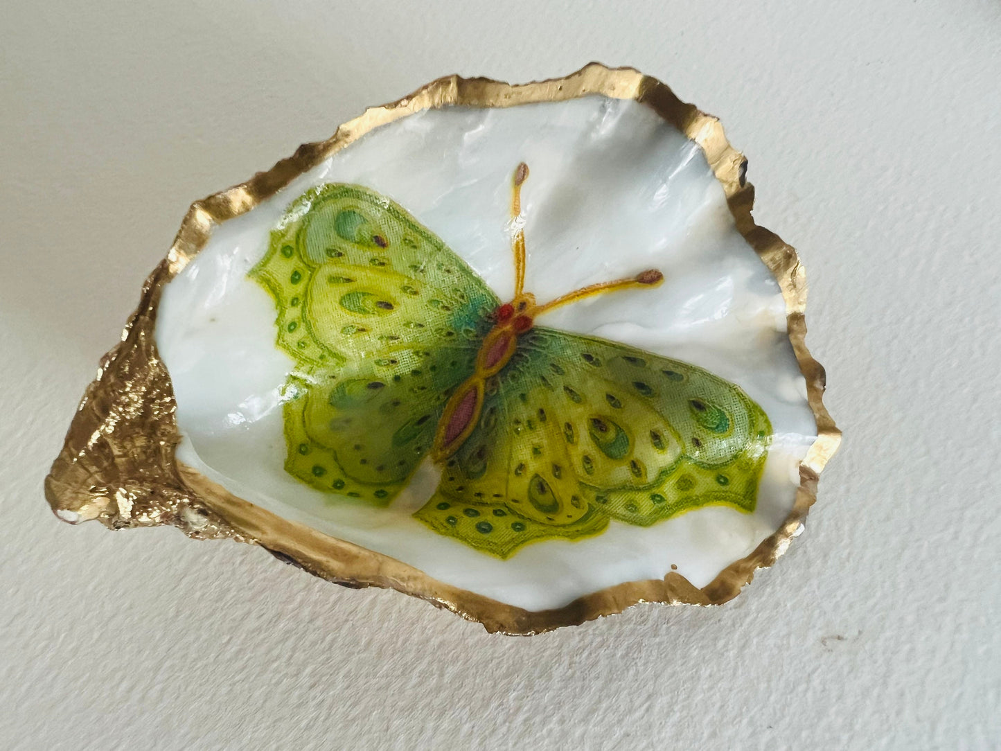 Green Blue Butterfly Oyster Shell Ring Dish: Gilded Gold Leaf Trinket Dish, Coastal Decor, Nature gift