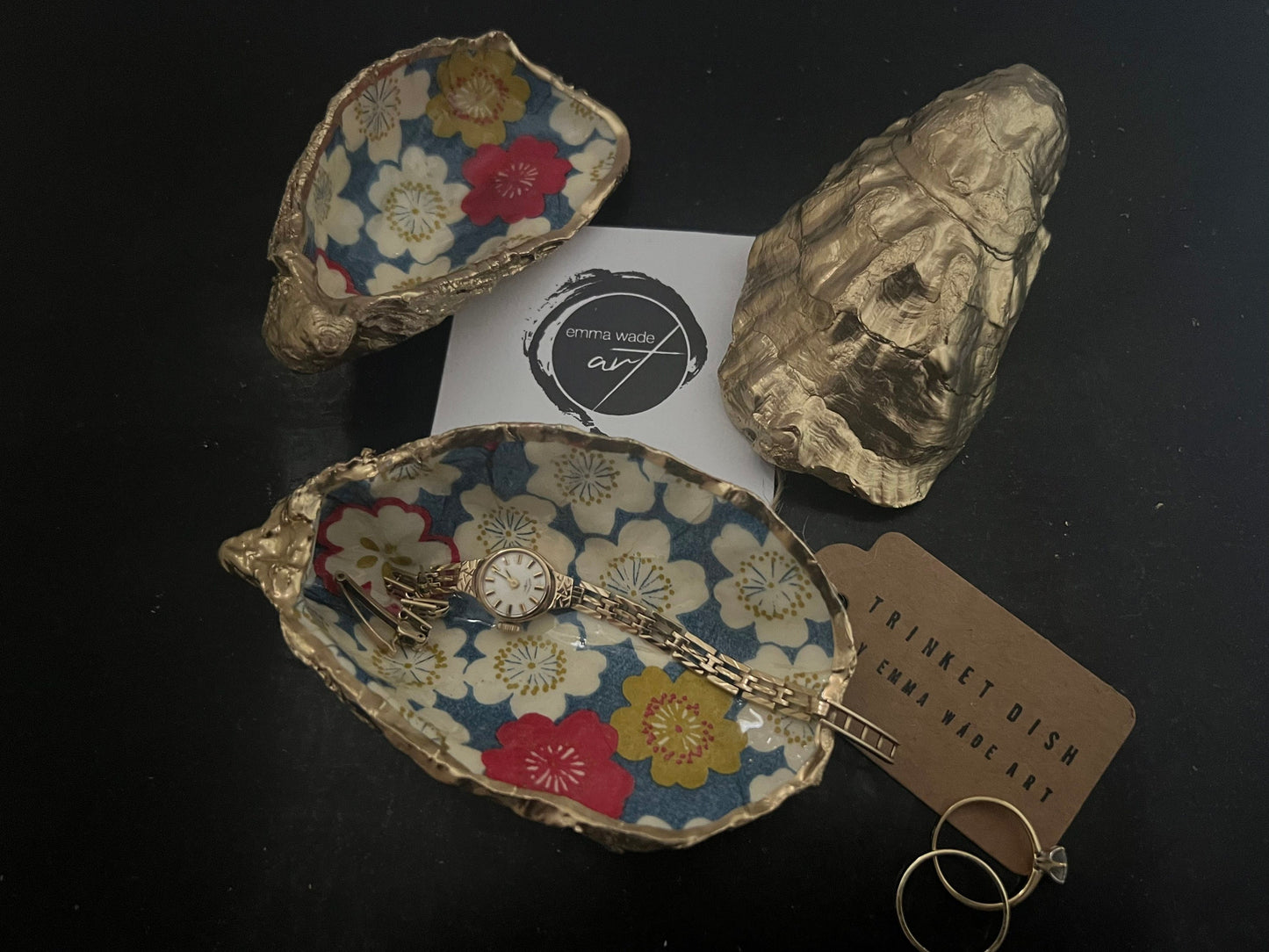 gifts for her, decorated dish, jewellery trinket dish, serving dish, coastal decor, shell decorations, decorative accessories, decoupaged oyster shell, coastal gift idea, sakura gift, flower gift, handmade gift, https://emmawadeart.etsy.com/