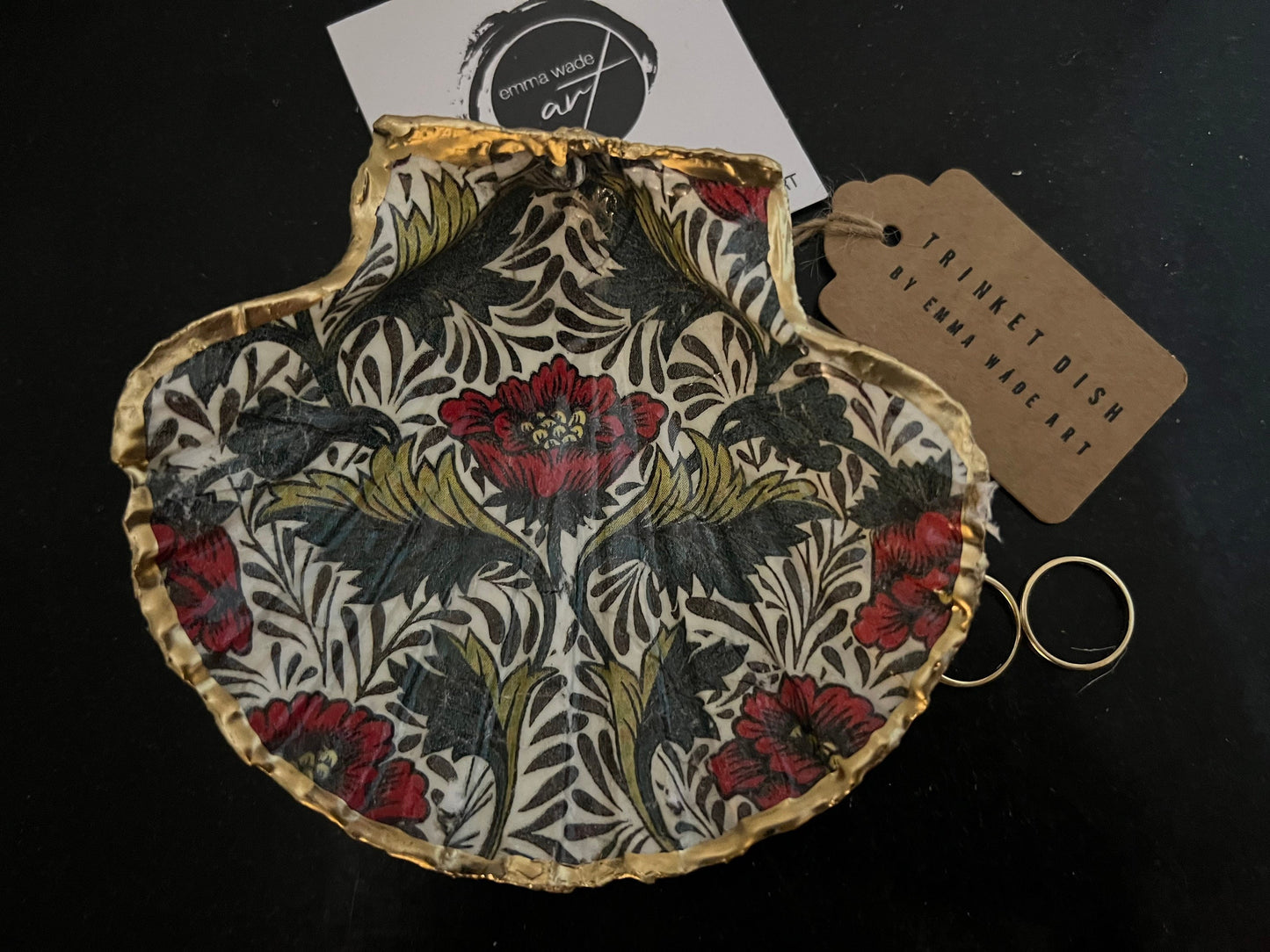 William Morris Red Peony Scallop Shell Trinket Dish with Gold Leaf