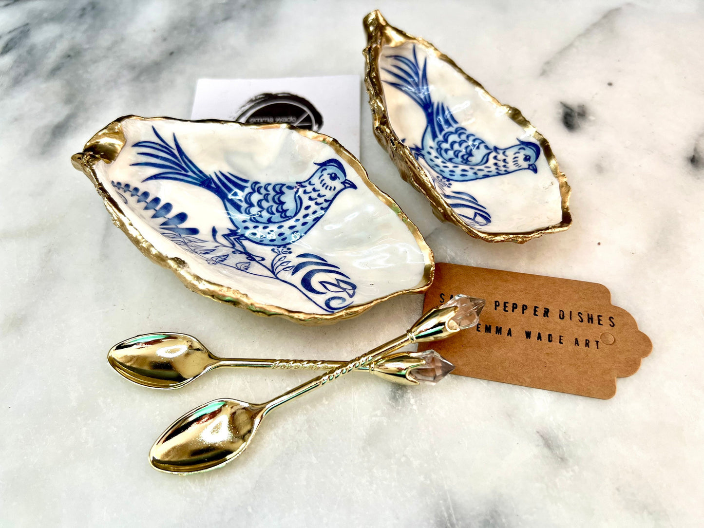Oyster Shell Salt & Pepper Pinch Pots: Blue Bird Decor, Gold Leaf Trim