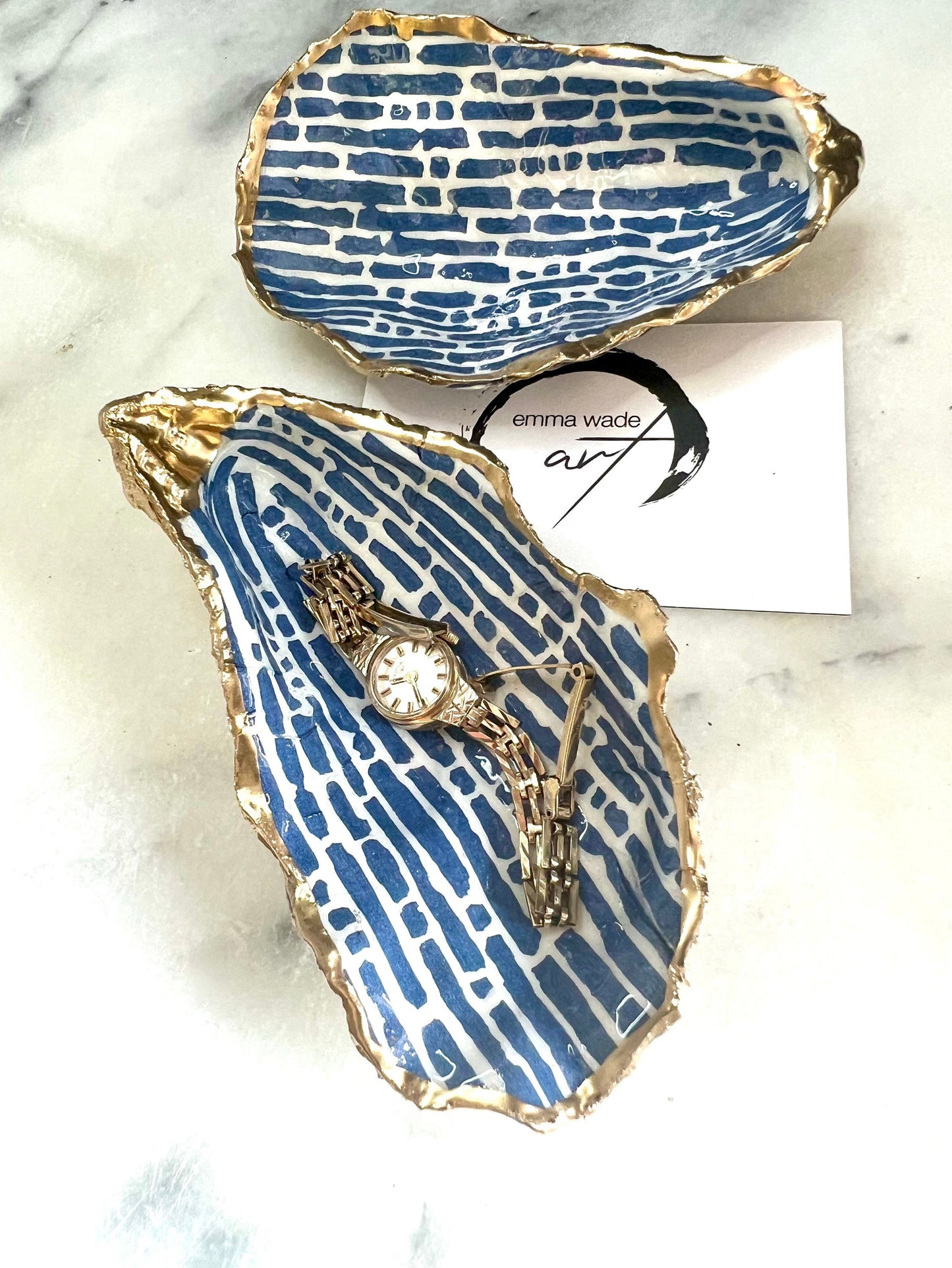 Original Handmade Natural Oyster Shell Trinket Dish: Blue Lines, Gilded Gold Leaf Ring Dish, Host Gift