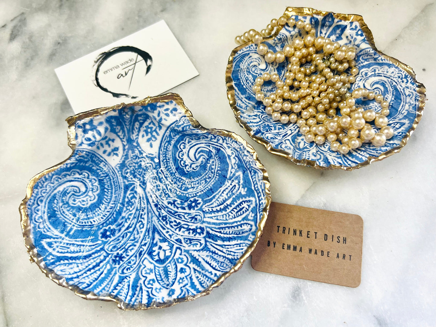 Blue White Paisley Scallop Ring Catcher | Gold Leaf Shell Jewellery Tray | Coastal Decor | Paisley gift idea