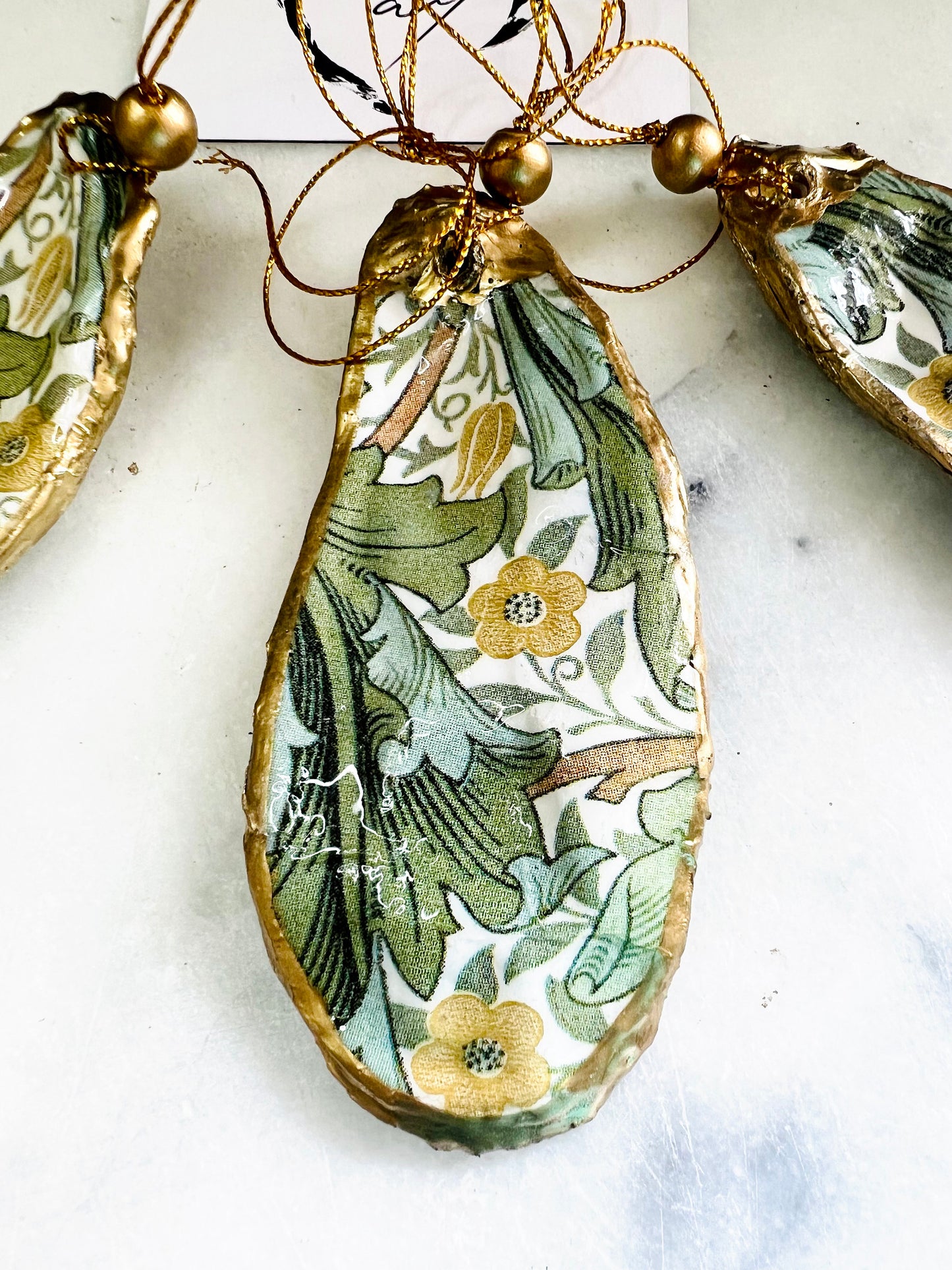 William Morris Oyster Shell Ornaments | Golden Lily and Granville Gold Leaf Hanging Decorations, available individually or as a set