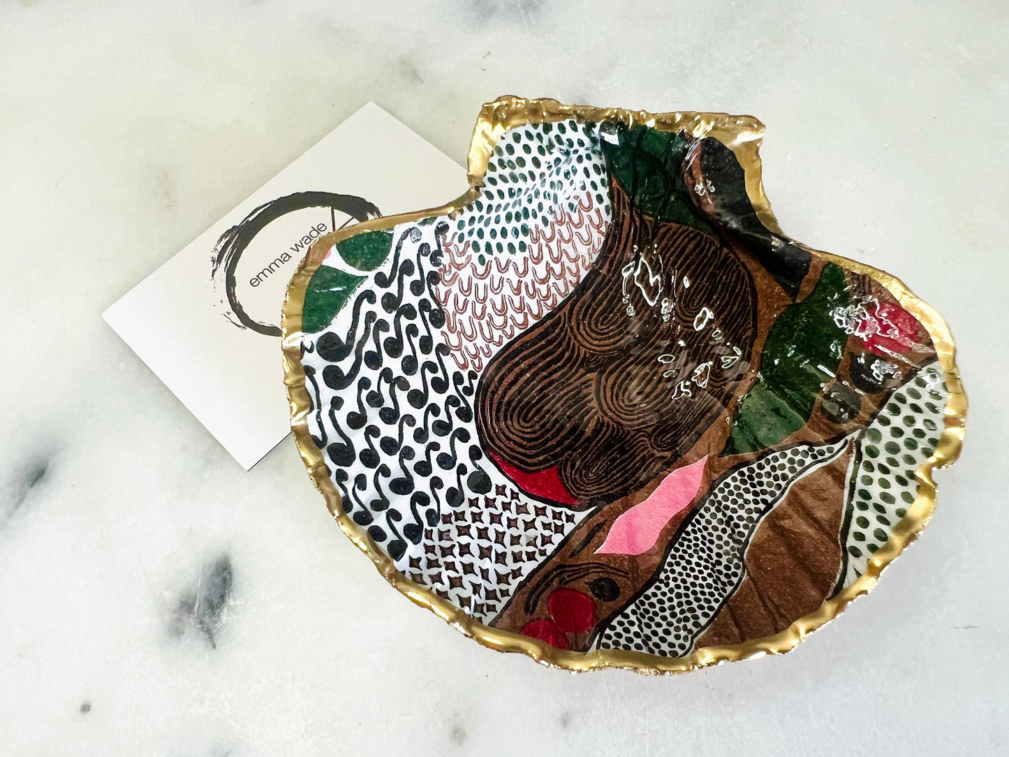 Marimekko Paisley Red Scallop Shell Trinket Dish: Hand-Gilded Gold Leaf Shell Jewellery holder, Coastal Gift, Scandanavian Decor