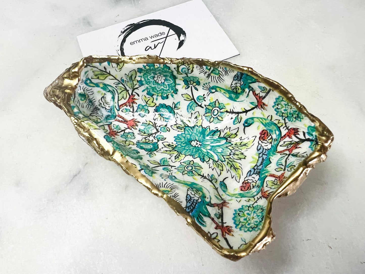 peacock tray, peacock oyster trinket dish, Decoupage oyster, shell trinket dish, jewellery shell dish, gift for her, ring carrier dish, coastal decor, shell Decor, dragonfly jewelry dish, nature lover gift, coastal gift, gift for her, decorated dish, jewelry trinket dish, decoupage oyster shell, coastal decor by EmmaWadeART, ocean jewelry dish, ocean decor, shell trinket tray, oyster trinket tray, handmade trinket dish, gold gilded dish, proposal dish, ring dish display, ring bearer dish