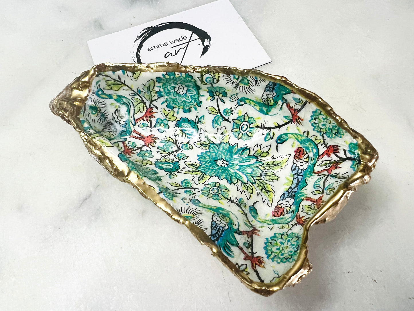 peacock tray, peacock oyster trinket dish, Decoupage oyster, shell trinket dish, jewellery shell dish, gift for her, ring carrier dish, coastal decor, shell Decor, dragonfly jewelry dish, nature lover gift, coastal gift, gift for her, decorated dish, jewelry trinket dish, decoupage oyster shell, coastal decor by EmmaWadeART, ocean jewelry dish, ocean decor, shell trinket tray, oyster trinket tray, handmade trinket dish, gold gilded dish, proposal dish, ring dish display, ring bearer dish