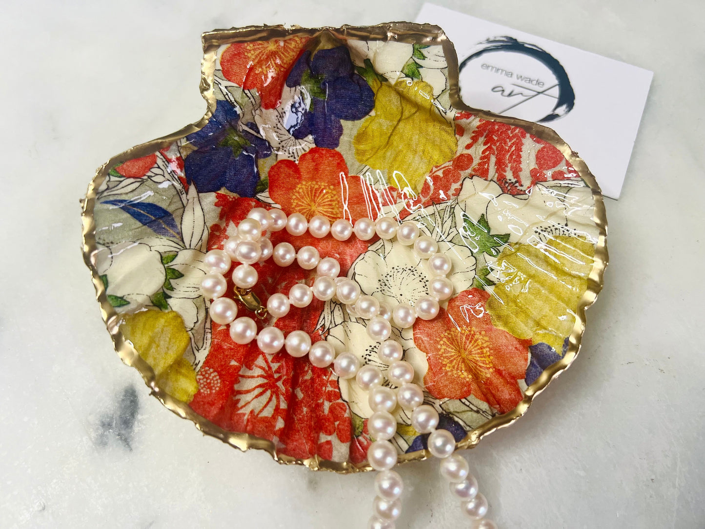 Gold Leaf Scallop Shell Trinket Dish: Japanese Kimono Flowers Shell Ring Tray, Resin Coated