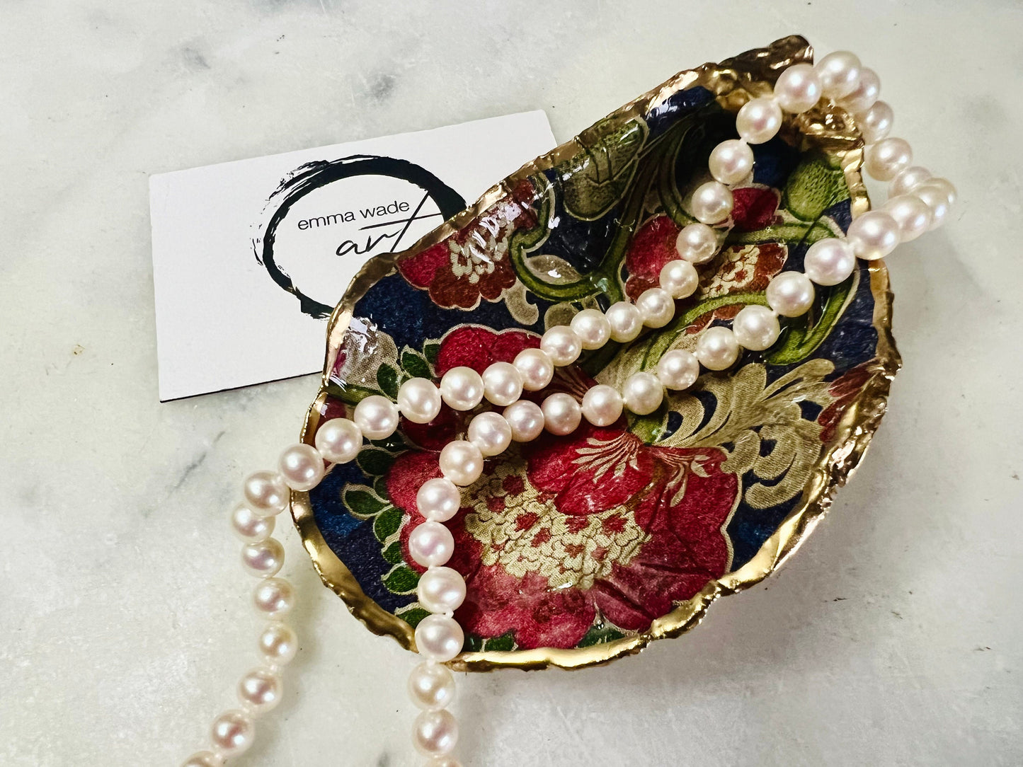 Retro Floral Dorset Oyster Trinket Dish | Gold Leaf Shell Jewellery Dish | V&A Inspired Coastal Décor | Handmade Oyster Shell Gift
