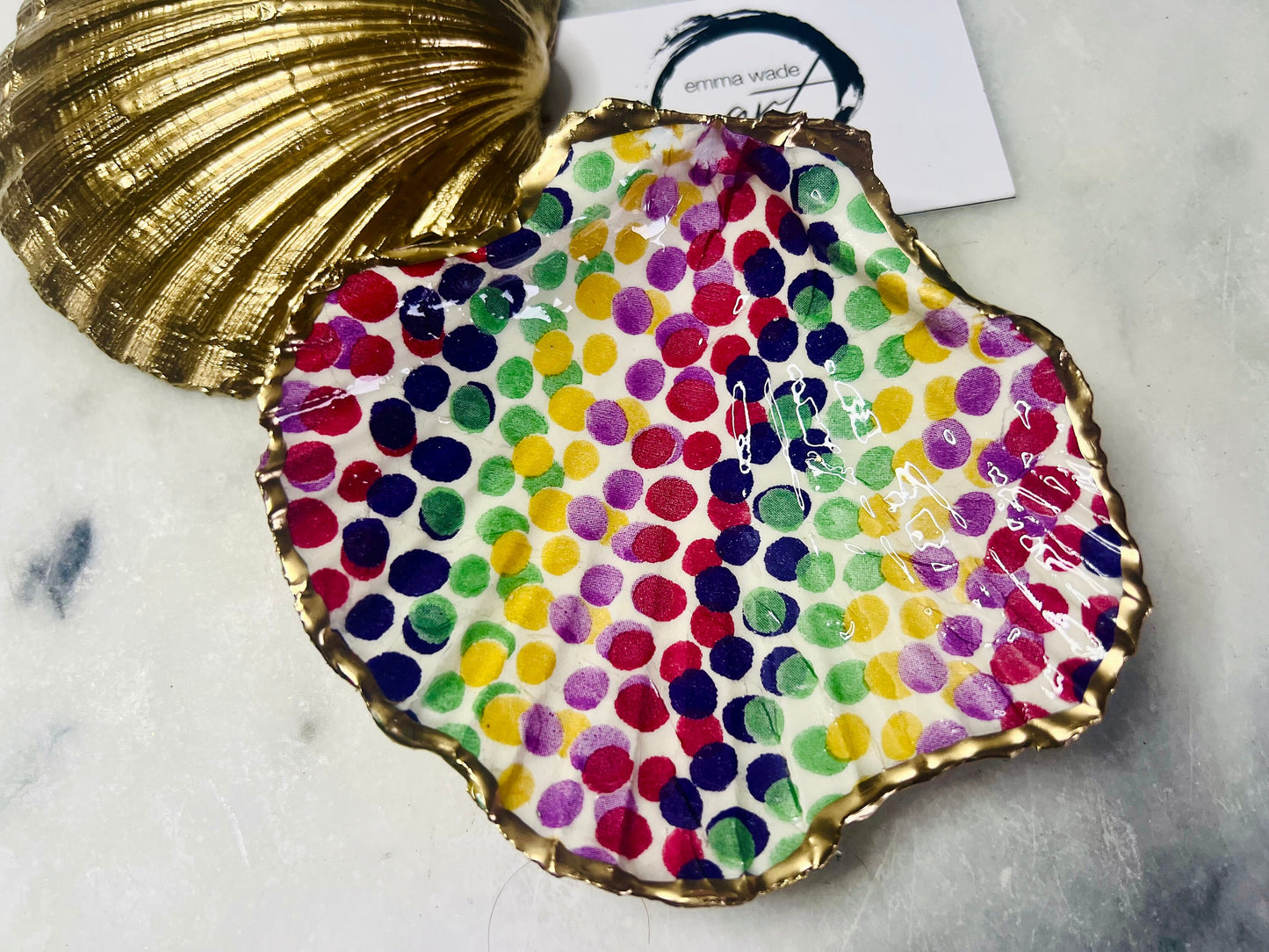 Rainbow Dots, Emma Bridgewater, Dorset Scallop Shell Trinket Dish. Gilded with Gold Leaf, Sealed with Resin. Coastal art. Host Gift.