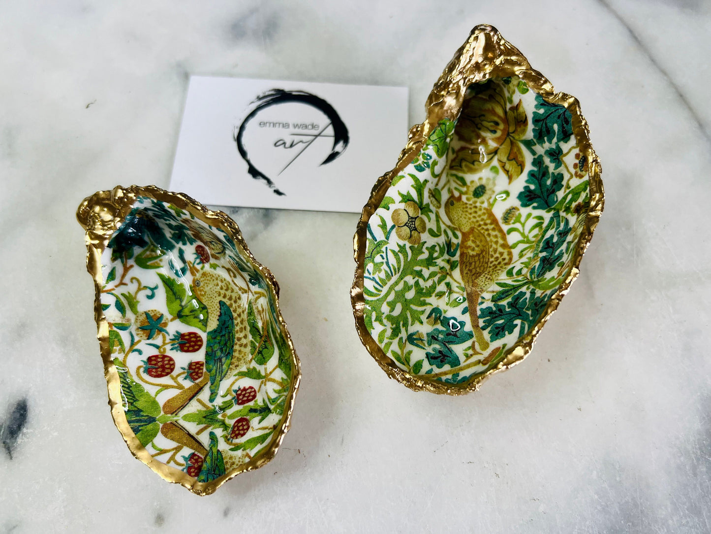 Gift for her, Gift for him, Spring gift, decoupaged oyster shell, oyster Ring holder, Shell oyster Jewellery dish, oyster Trinket dish, flower gift, Anniversary gift , Wedding gift, gift for Mum, Coastal decor, flower shell dish, EmmaWadeART, nature lover gift, Ring Holder William Morris, Proposal Gift, stawberry thief William Morris, oyster Trinket Dish by Emma Wade ART, Coastal Triptych, UK shell ART, William Morris Ring tray, gold gilded trinket dish, ring bearer dish, strawberry ring dish