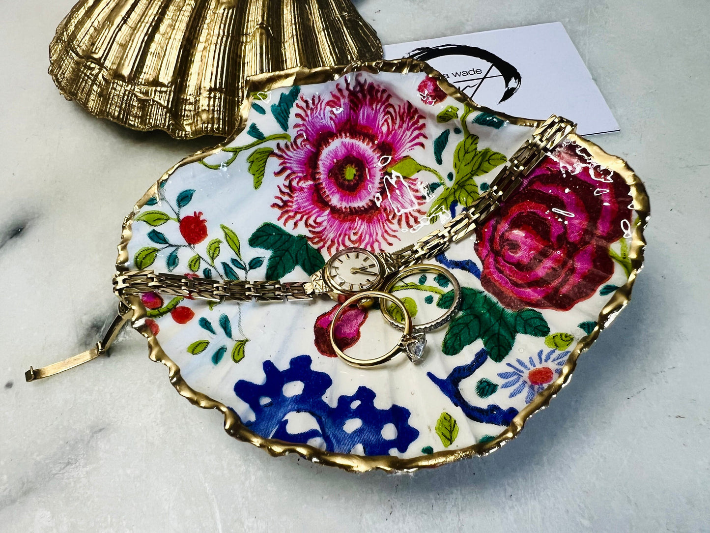 Floral Dorset Scallop Shell Trinket Dish: Gold Leaf Jewelry Dish