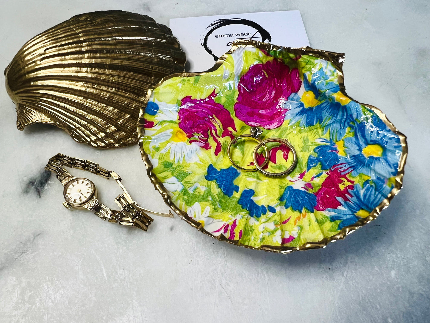 Hand Gilded Floral Scallop Shell Trinket Dish: Dorset Coast Decor