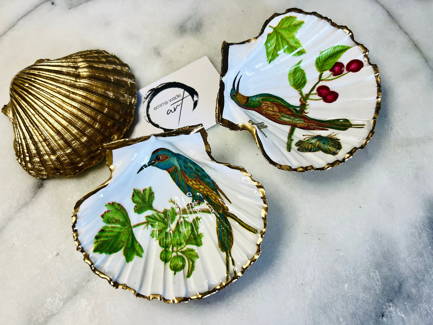 Hand Gilded Scallop Shell Trinket Dish: Jeweled Bird Ornament, Coastal Ring Tray