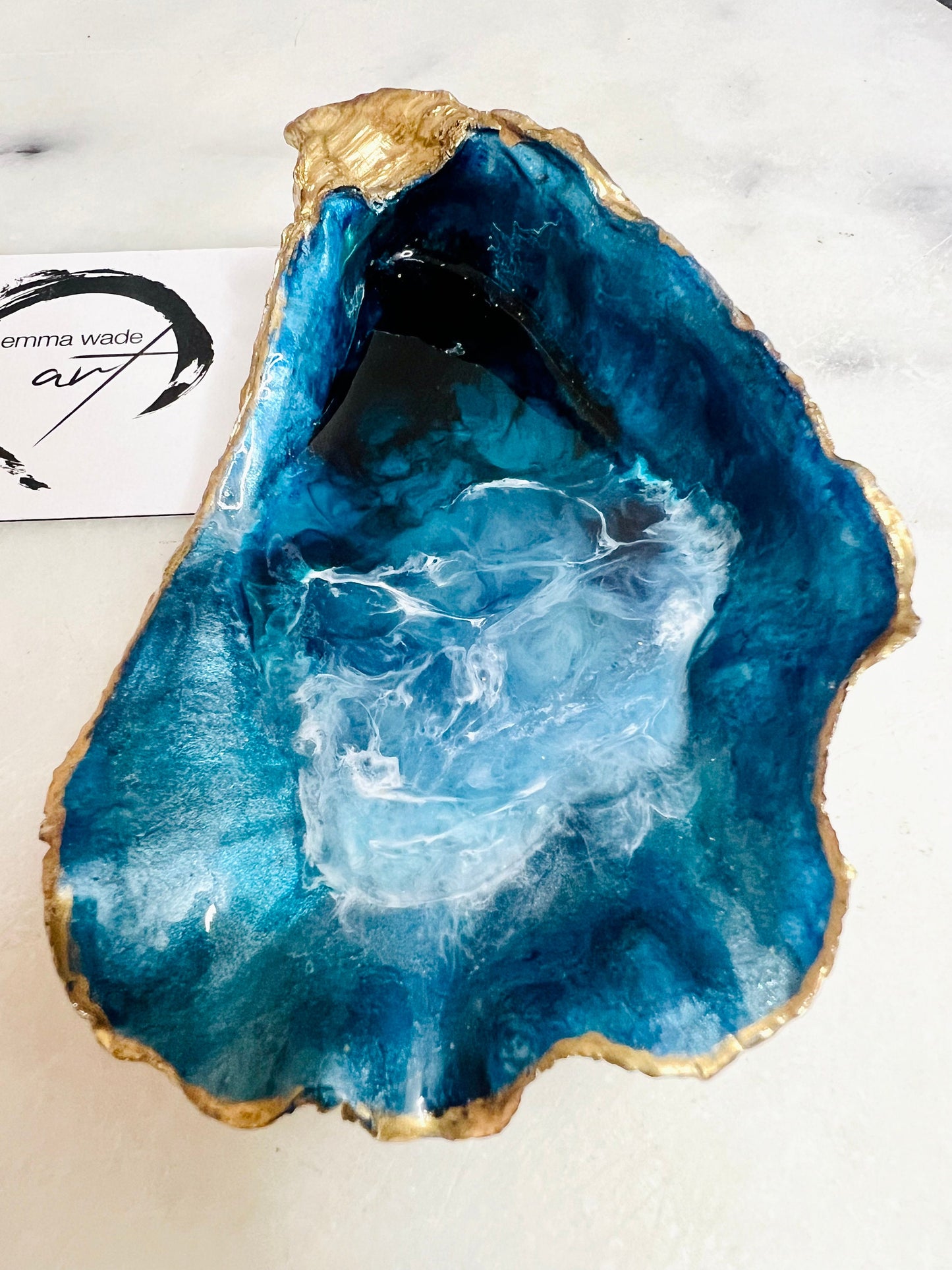 Hand-Painted Oyster Shell Jewelry Ring Dish: Blue Ocean Waves, Gold Leaf