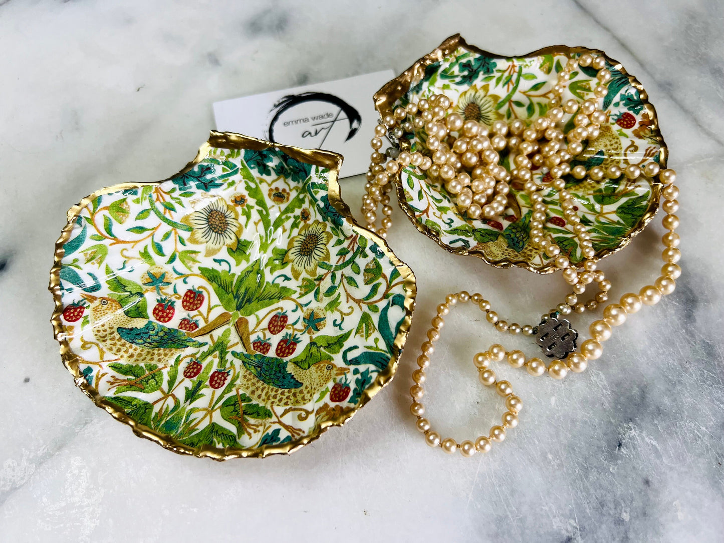 William Morris Green Strawberry Thief Scallop Trinket Dish: Shell Ring Tray, Heritage Gift, Floral Ring Holder