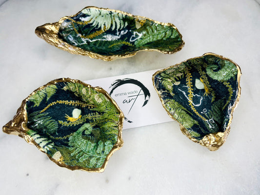forest fern oyster shell dish, Dorset oyster trinket dish, botanical jewellery holder, gold leaf oyster shell gift, nature lover gift, coastal home decor, oyster shell jewellery tray, hand gilded shell ornament, eco friendly shell dish, green fern oyster ring holder, woodland inspired oyster shell, botanical oyster decor, handmade UK oyster shell dish, fern oyster shell keepsake, unique coastal gift