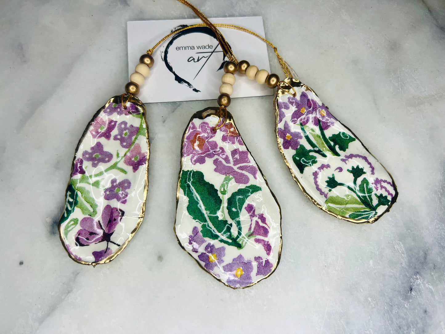 Emma Bridgewater Oyster Shell Hanging Ornament Set: Purple Spring Flowers, Gold Leaf Decor