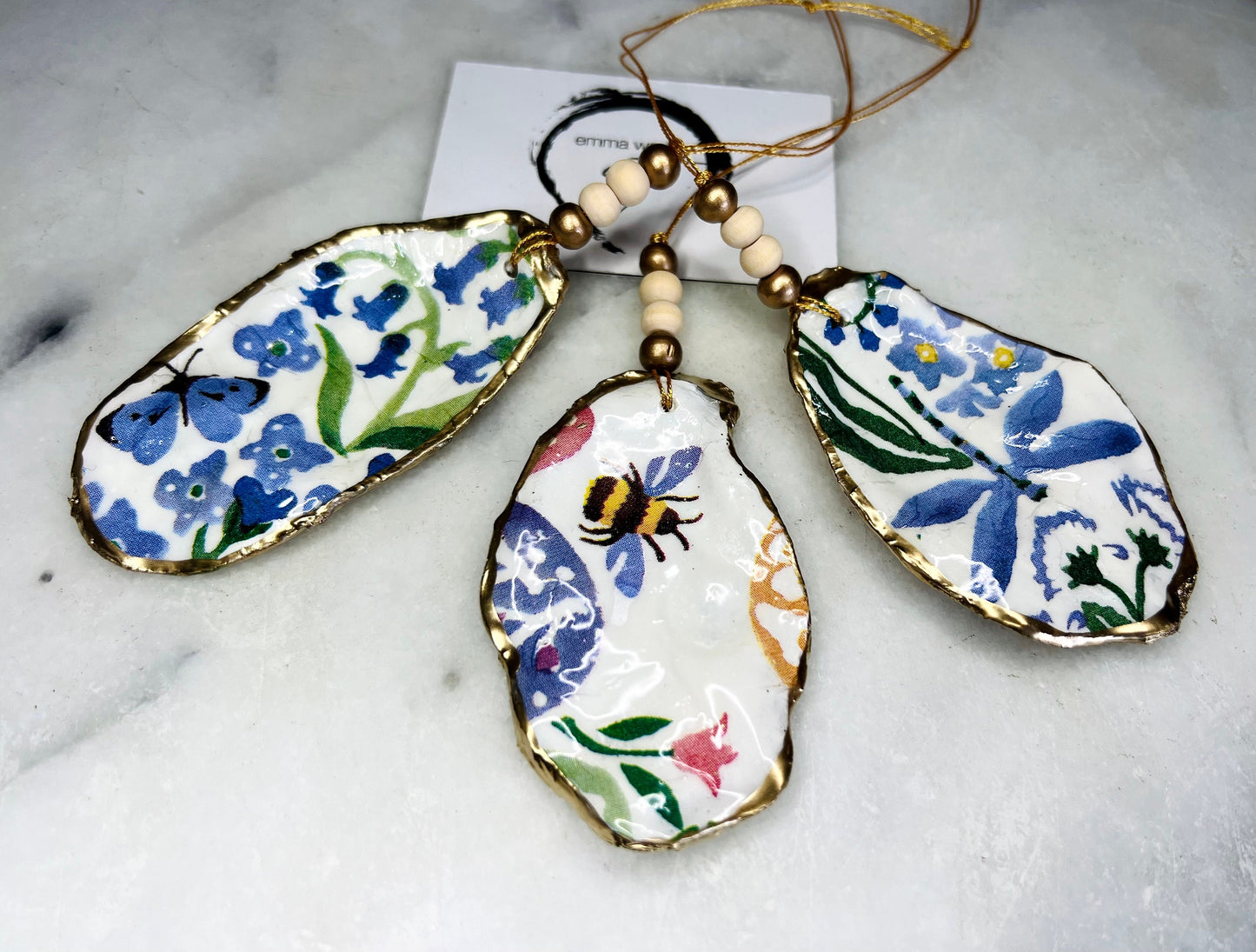 Oyster Shell Hanging Ornament Set: Emma Bridgewater Bluebells, Bee, Dragonfly