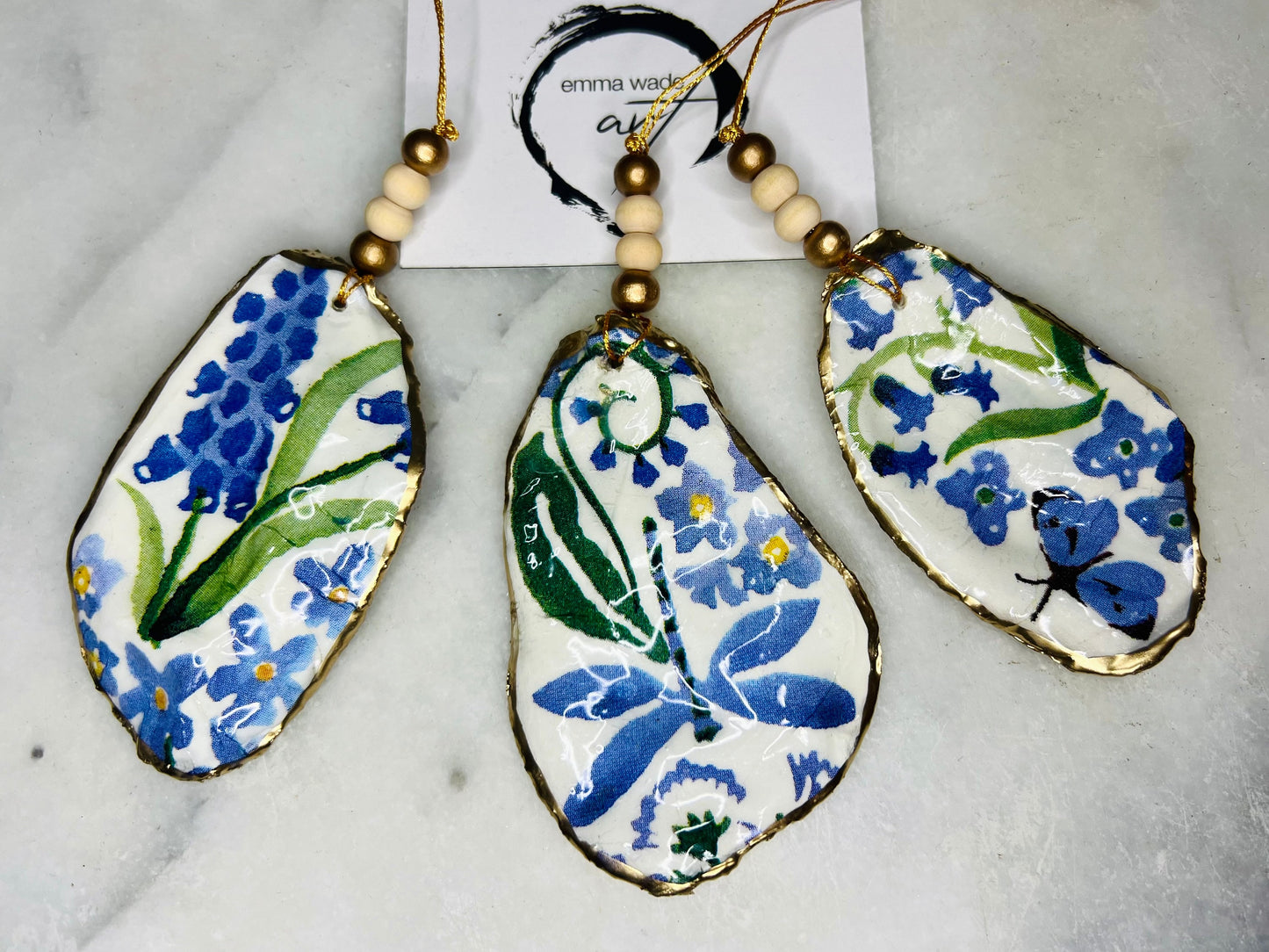 Emma Bridgewater Blue Spring Flowers Oyster Shell Hanging Ornaments - Set of 3