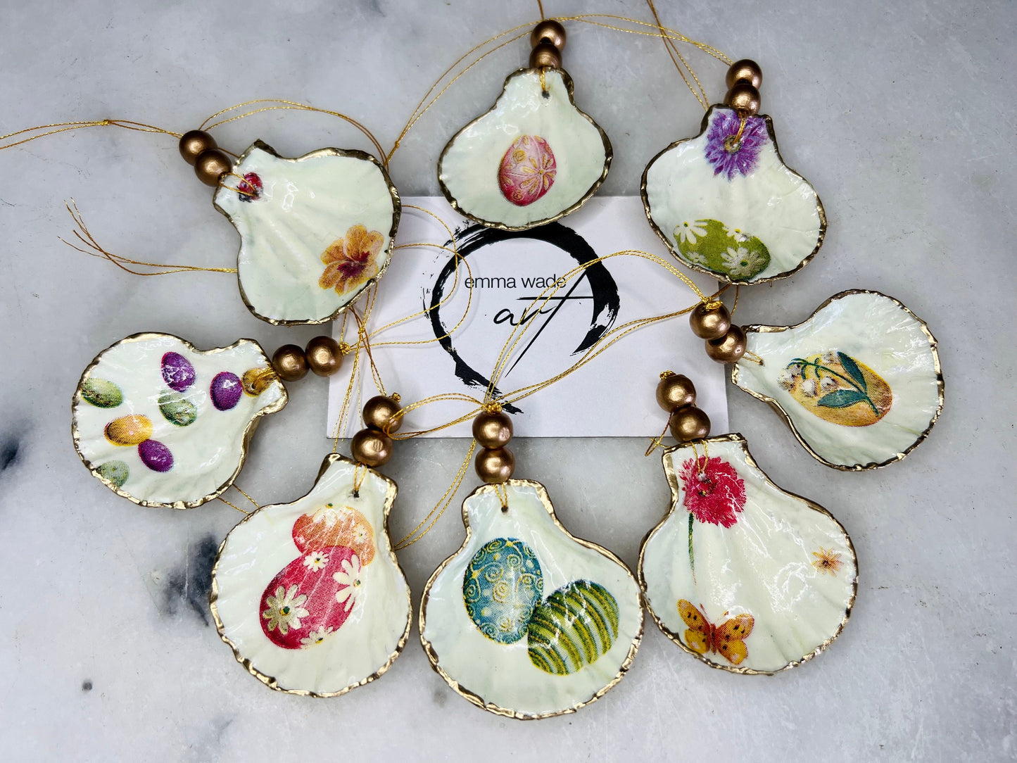 Decoupage Scallop Shell Hanging Ornaments: Gold Leaf Coastal Decor, Set of 8