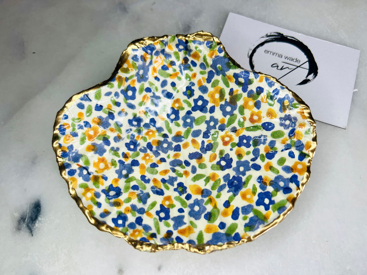Emma Bridgewater Wildflower Scallop Shell Trinket Dish: Gold Leaf Blue Yellow Ring Holder