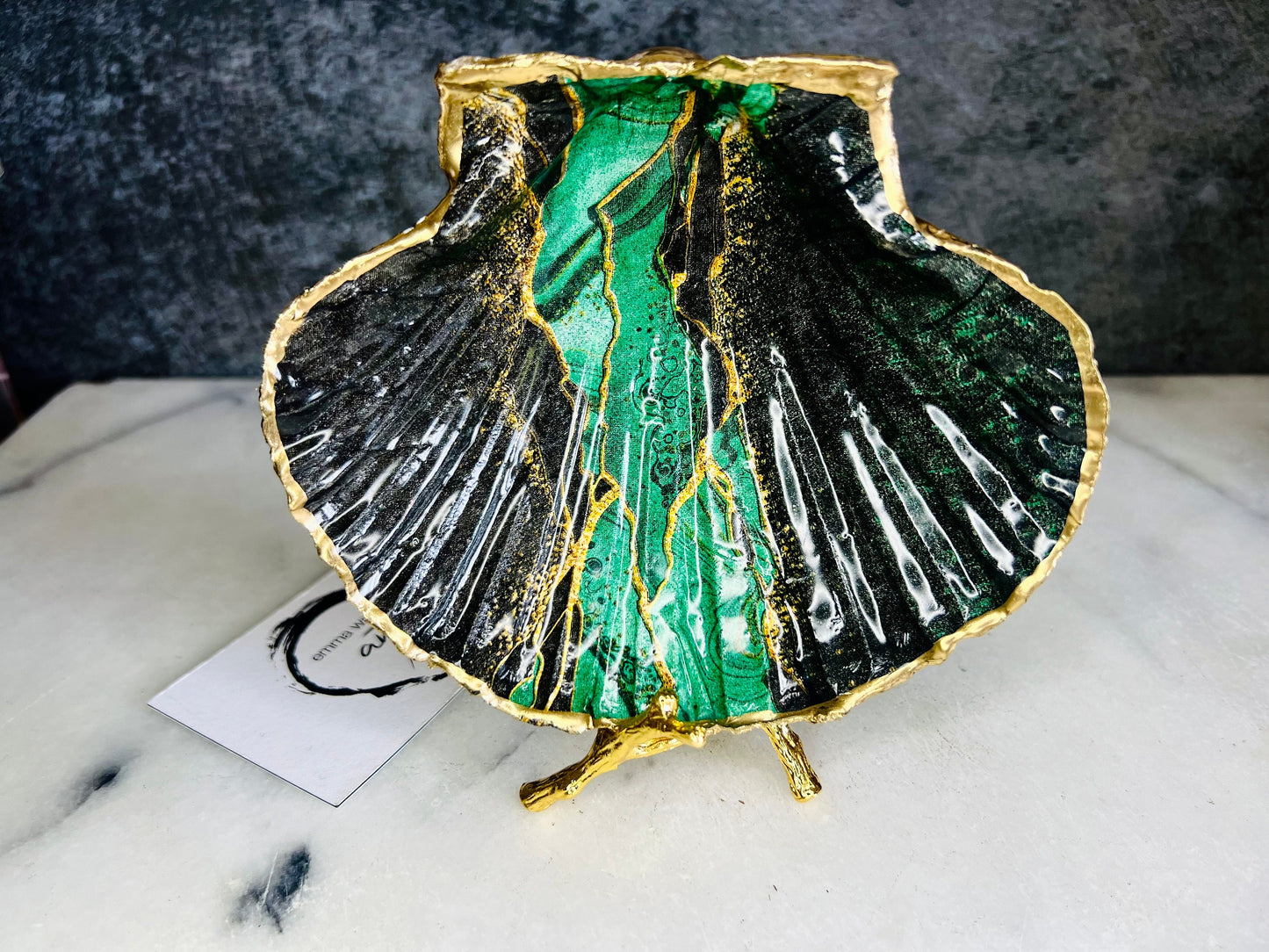 Green Black agate dish, gift for her, gift for him, scallop decoupage dish, scallop trinket dish, decoupage ornament, coastal gift, coastal decor, EmmaWadeART, nature lover gift, pink dish, scallop jewellery dish, shell decor, shell gift, ocean gift