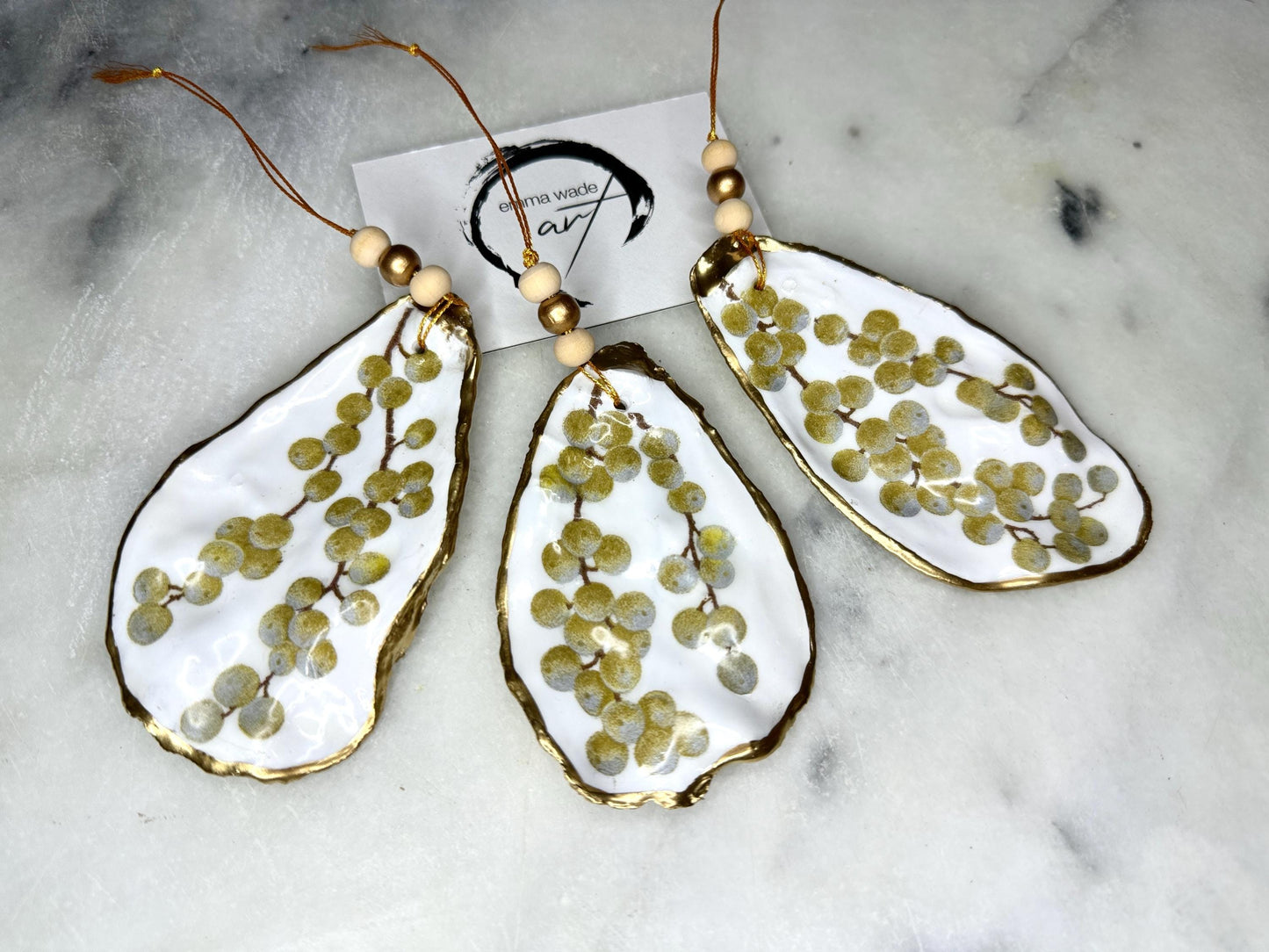 Gold Berries Oyster Shell Hanging Ornament Set: Coastal Christmas Decor