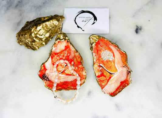 Japanese kimono flamingo oyster shell dish, orange flamingo trinket dish, gold leaf jewellery holder, coastal oyster shell decor, handmade Dorset shell gift, bird lover gift, tropical flamingo ornament, eco friendly shell jewellery tray, coastal wedding favour, beach house decor, unique oyster shell ring dish, flamingo bathroom accessory, nautical oyster trinket dish, Japanese style shell art, Emma Wade Art handmade oyster dish