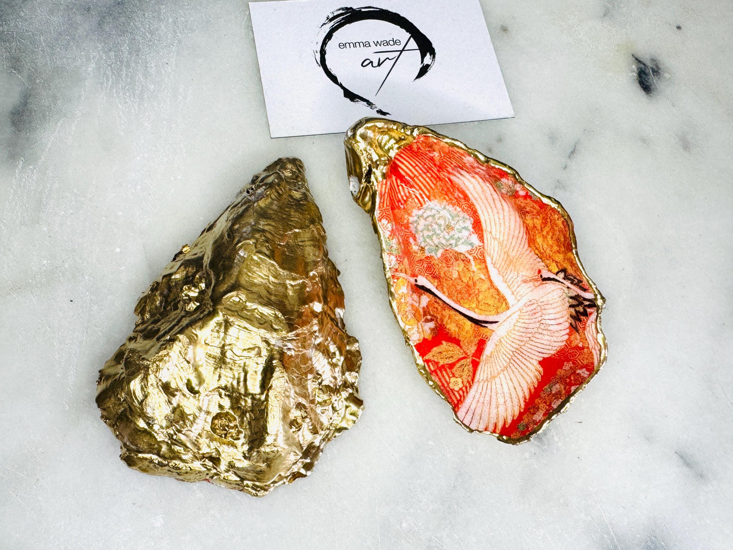 Japanese kimono flamingo oyster shell dish, orange flamingo trinket dish, gold leaf jewellery holder, coastal oyster shell decor, handmade Dorset shell gift, bird lover gift, tropical flamingo ornament, eco friendly shell jewellery tray, coastal wedding favour, beach house decor, unique oyster shell ring dish, flamingo bathroom accessory, nautical oyster trinket dish, Japanese style shell art, Emma Wade Art handmade oyster dish