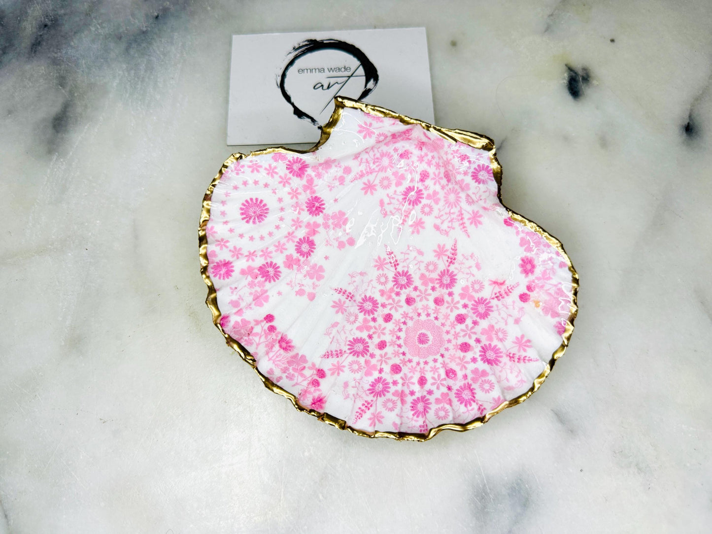 Hand-Gilded Scallop Shell Trinket Dish: Pink Floral Jewelry Dish