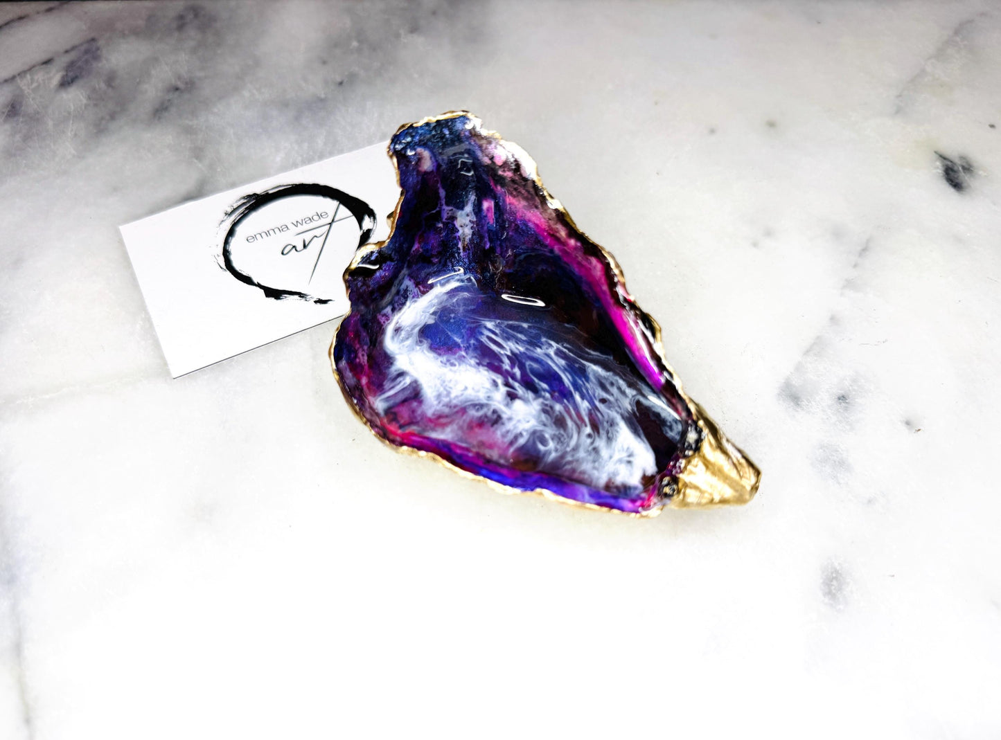 Hand-Painted Oyster Shell Dish: Purple Ocean Waves with Gold Leaf