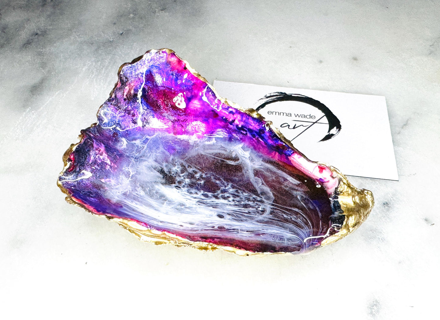 Hand-Painted Oyster Shell Ring Dish: Purple Ocean Waves, Gold Leaf Coastal ornament