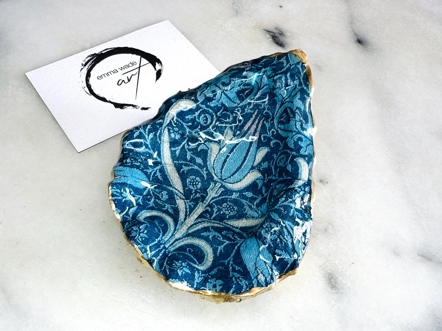 William Morris tulip bluebells and nettle oyster shell dish, Dorset oyster shell jewellery holder, gold leaf gilded floral trinket dish, handmade coastal oyster shell decor UK, William Morris floral oyster shell ornament, oyster shell salt and pepper pinch pot, oyster shell cufflink tray, William Morris inspired oyster shell gift, eco friendly oyster shell bathroom decor, handmade Dorset oyster shell art, unique floral oyster shell jewellery dish, sustainable William Morris shell keepsake