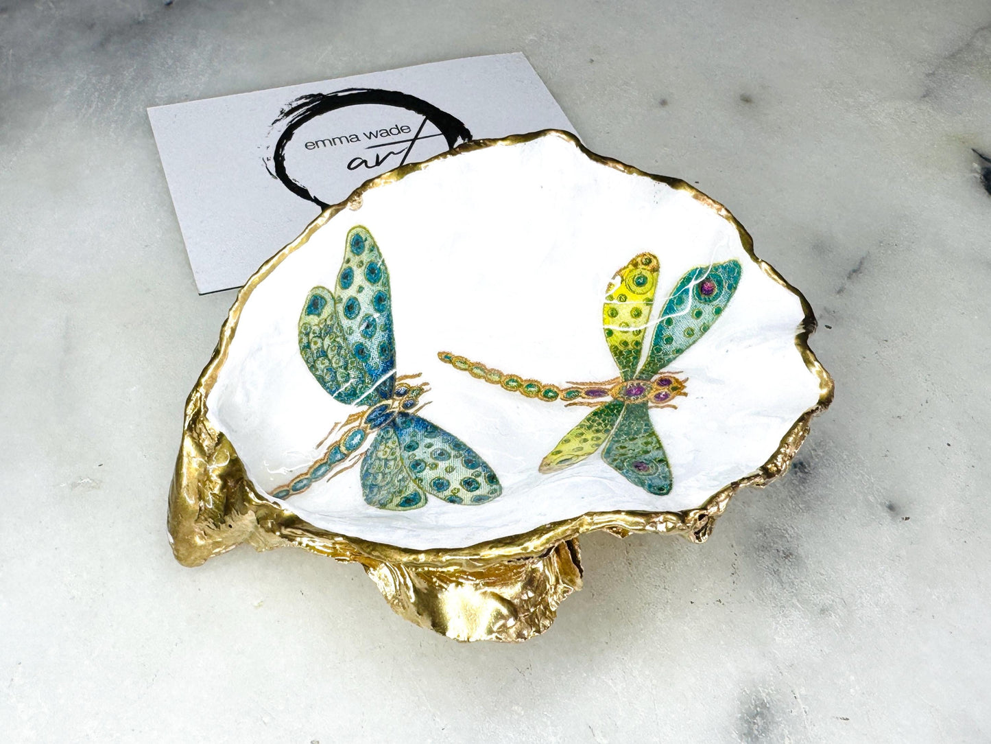 Handmade Dragonfly Oyster Shell Trinket Dish, Gold Leaf Jewellery Holder, Coastal Ring Dish, Nature Inspired Gift