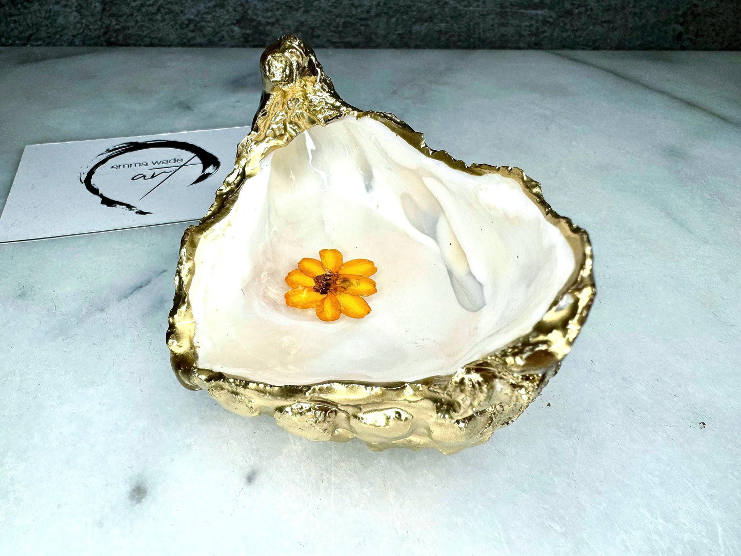 Gold Leaf Oyster Shell Ring Dish: Dorset Pearl Finish with Real Flower