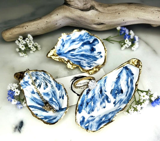 Trinket dishes gold finish, shell jewellery dish, navy and gold trinket tray, shell scallop dish, trinket tray shell, she dreams of the sea, shell jewellery bowl, golden trinket dish, oyster shell blue seaweed, blue and gold dishes, decoupaged earring dish, oyster dish with coral, shell art trinket, decoupage shell dish, Emma Wade art, bride oyster dish, oyster shell trinket, shell key bowl, shell coral dish