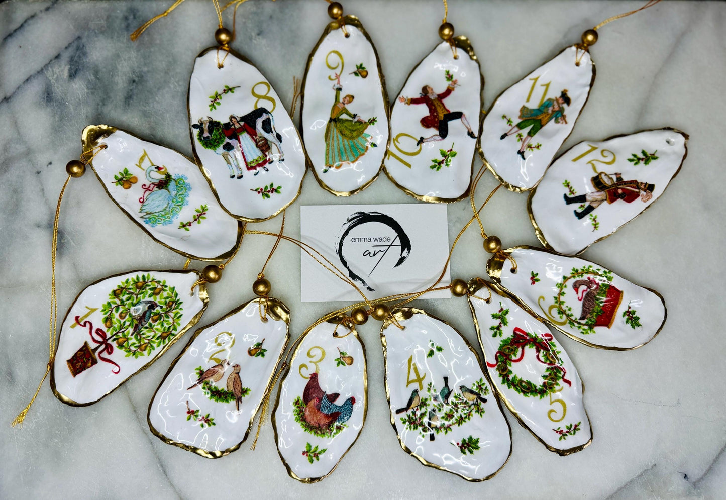 Twelve Days of Christmas Dorset Oyster Ornament Set | Gold Leaf Shell Hanging Decorations | Coastal Shell Decor | Christmas Heirloom Gift