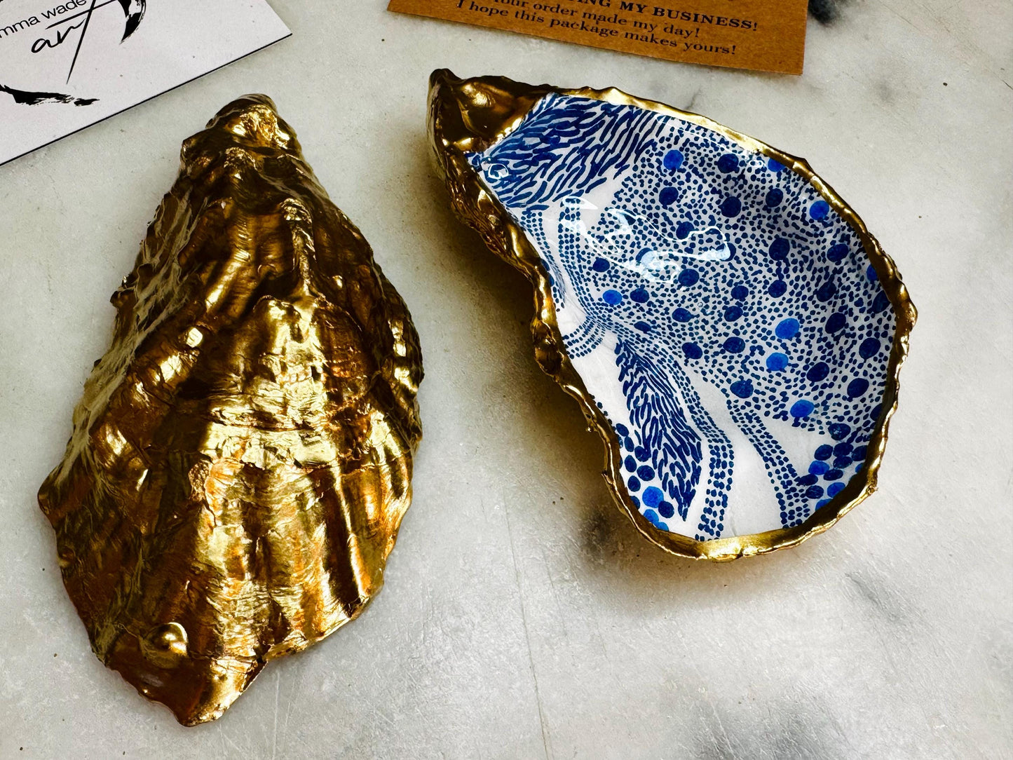 Blue Marimekko Oyster Shell Trinket Dish | Hand Gilded Gold Leaf Jewellery Holder | Scandinavian Coastal Decor