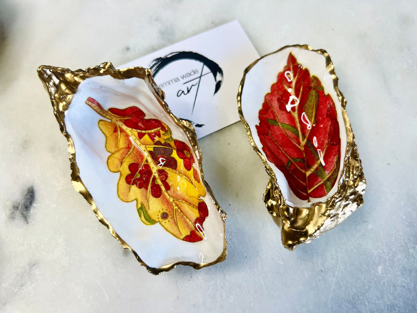 Forest Leaves Oyster Shell Trinket Dish | Gilded Gold Leaf Handmade Trinket Holder, UK Dorset gift, Design options available