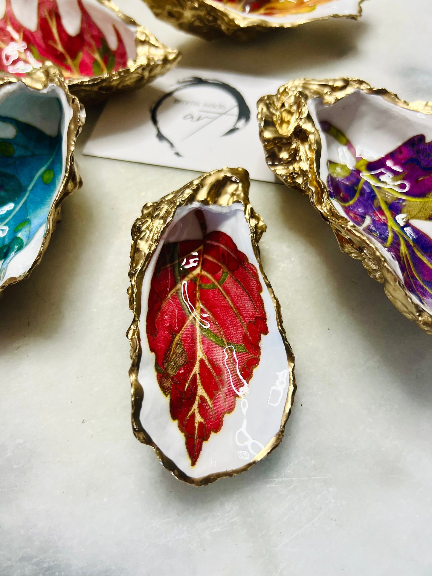 Forest Leaves Oyster Shell Trinket Dish | Gilded Gold Leaf Handmade Trinket Holder, UK Dorset gift, Design options available