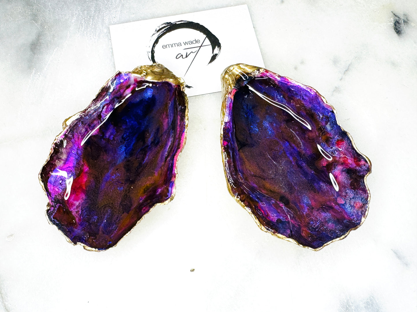 Pair of Hand-Painted Ocean Themed Oyster Salt and Pepper Set: Purple Shell Pinch Pots, with 2 Gold Spoons, Coastal Table, Ocean Gift