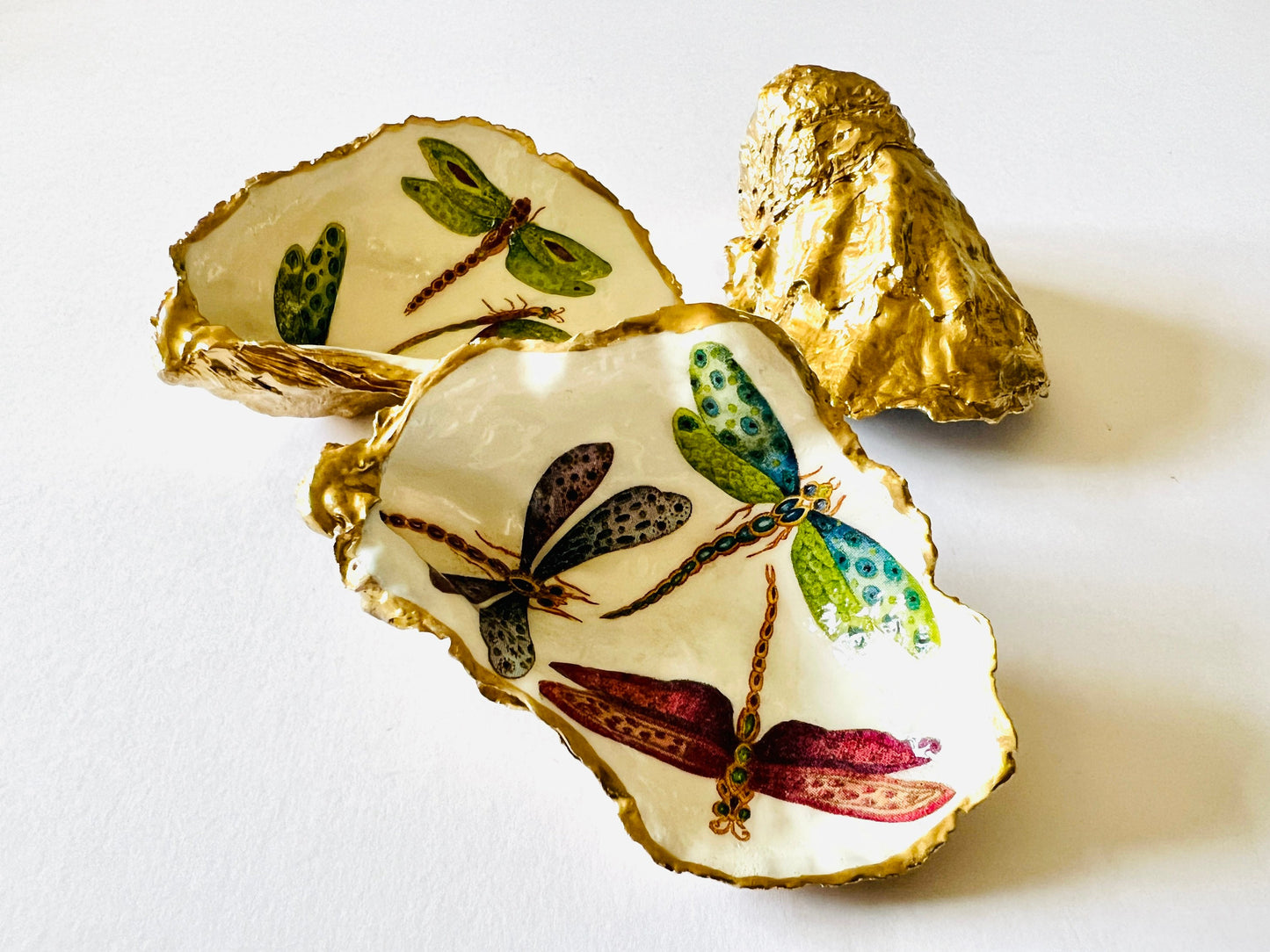 Handmade Dragonfly Oyster Shell Trinket Dish, Gold Leaf Jewellery Holder, Coastal Ring Dish, Nature Inspired Gift