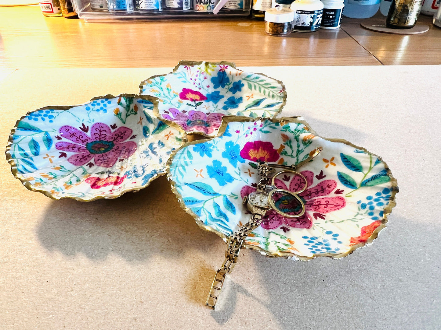 pink flamingo gift, flowers art, Decoupage scallop, shell trinket dish, jewellery shell dish, gift for her, ring carrier dish, coastal decor, shell Decor, flower scallop dish, nature lover gift, coastal gift, gift for her, decorated dish, jewelry trinket dish, decoupage scallop shell, coastal decor by EmmaWadeART, ocean jewelry dish, ocean decor, shell trinket tray, scallop trinket tray, shell art, handmade trinket dish, gold gilded dish, proposal dish, ring dish display, ring bearer dish