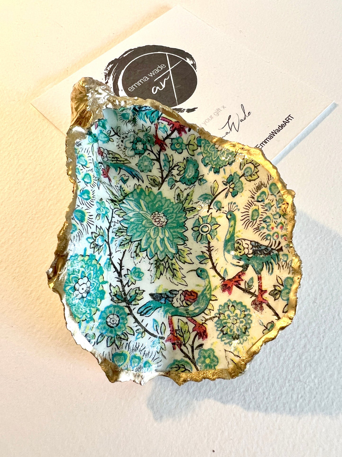 peacock tray, peacock oyster trinket dish, Decoupage oyster, shell trinket dish, jewellery shell dish, gift for her, ring carrier dish, coastal decor, shell Decor, dragonfly jewelry dish, nature lover gift, coastal gift, gift for her, decorated dish, jewelry trinket dish, decoupage oyster shell, coastal decor by EmmaWadeART, ocean jewelry dish, ocean decor, shell trinket tray, oyster trinket tray, handmade trinket dish, gold gilded dish, proposal dish, ring dish display, ring bearer dish