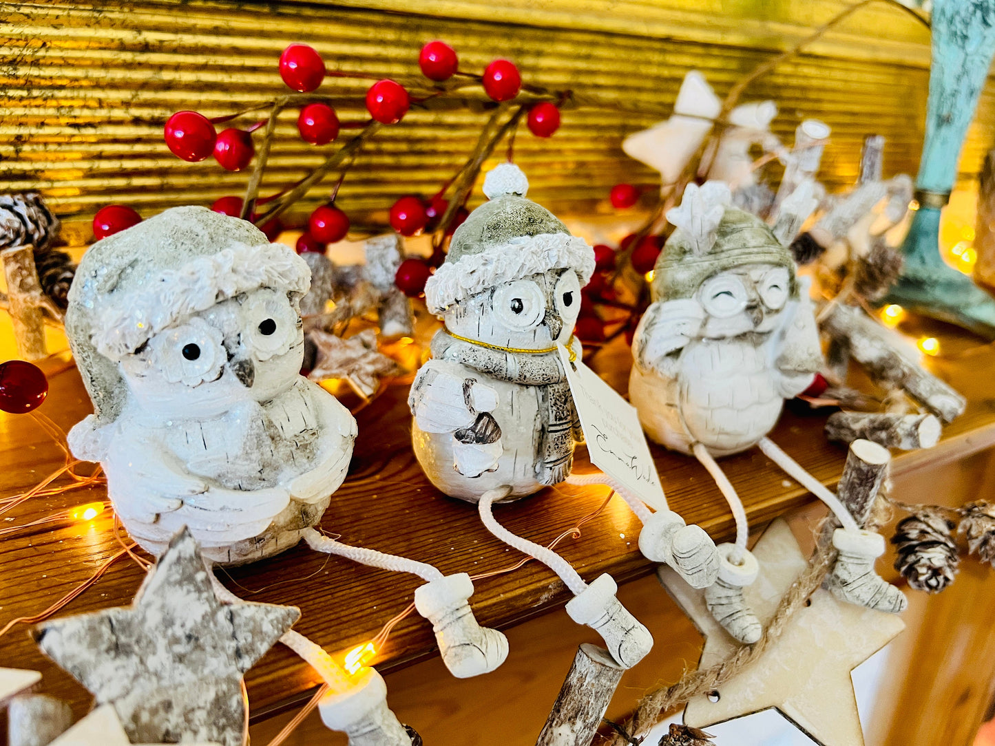 Set of 3 Christmas Owl Ornaments: Hand Finished Glittery Shelf Sitters