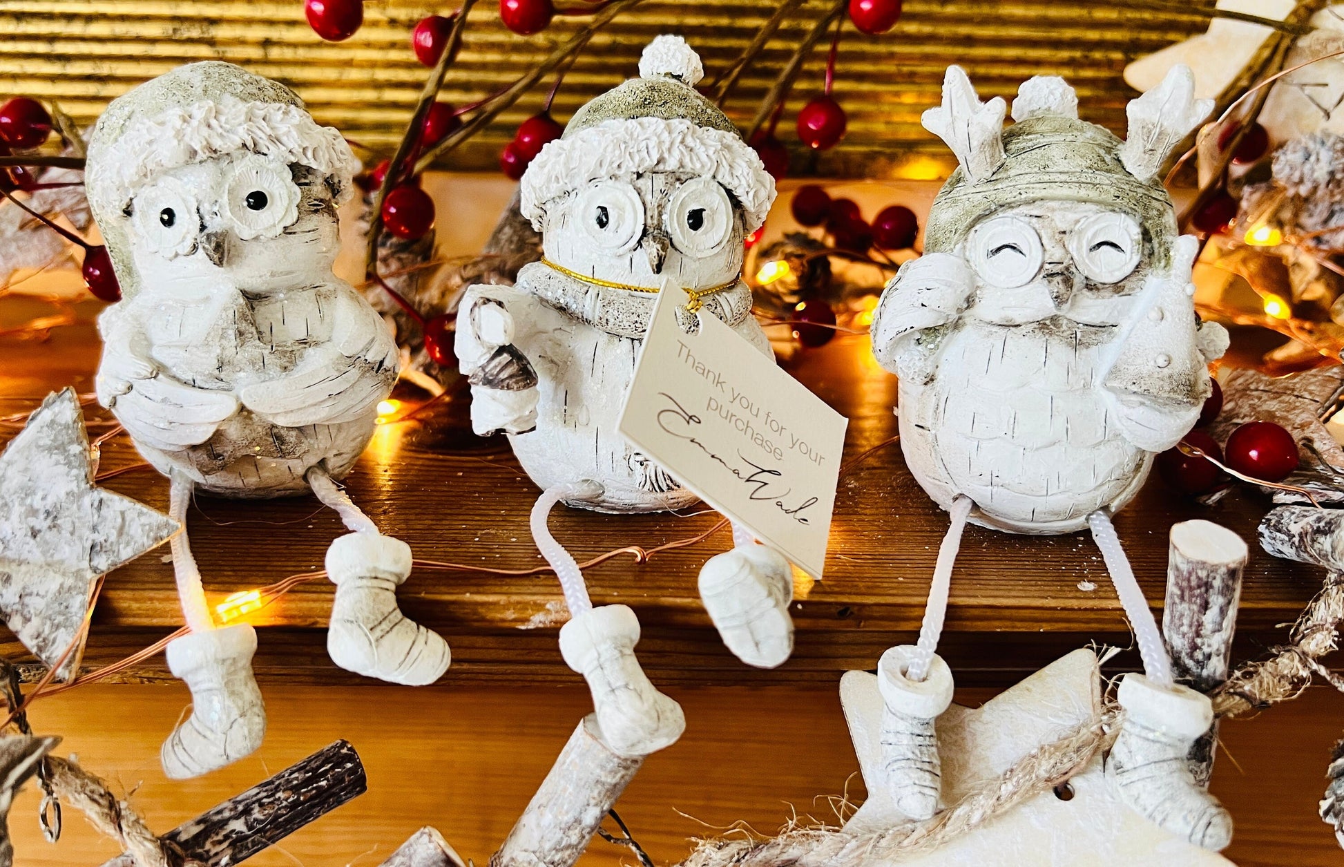Set of 3 Christmas Owl Ornaments: Hand Finished Glittery Shelf Sitters