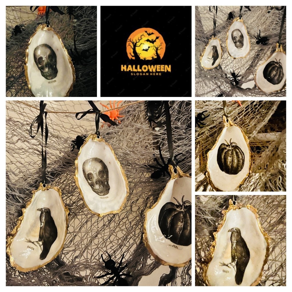 gothic ornaments, halloween oyster shell, gilded oyster hanging ornaments, coastal gothic decor, gothic christmas ornament, skull oyster shell decoration, pumpkin oyster shell ornament, raven oyster shell hanging decor, spooky oyster shell trinket dish, gothic halloween tree ornament, handmade gothic oyster shell gift, oyster shell gothic home accessory, dark gothic oyster shell decor, halloween oyster shell candy dish, gothic oyster shell jewellery holder, handmade oyster art UK