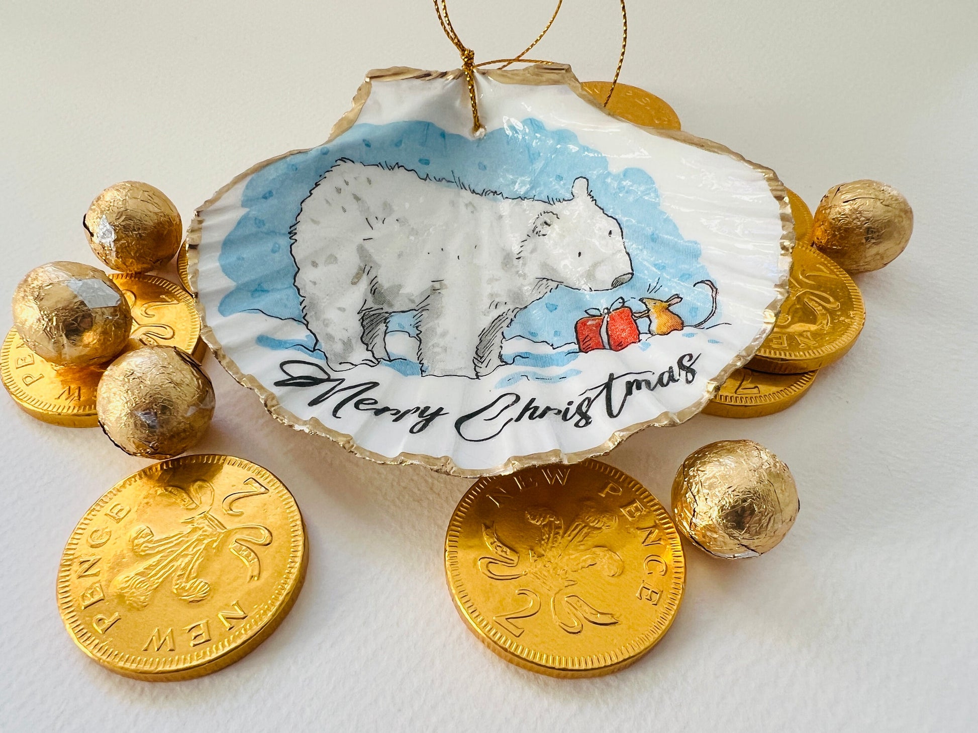 Christmas Bear Ornament: Dorset Shell Trinket Dish, Hanging Decoration